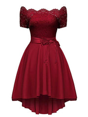 Elegant Red Lace Dress Women Patchwork Slash Neck Short Sleeve Sashes Tunic Dress  Summer Ladies Sexy Evening Party Dresses