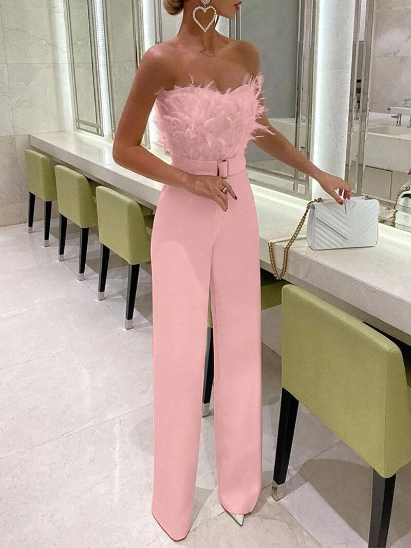 Feather Strapless Overalls for Women Party Evening Bodysuit Sleevelss Overalls Women's Clothing Traf Ropa Mujer Jumpsuits