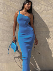 Women's Blue Solid Suspenders Maxi Dress Halter Hollow Out Split Long Dresses Female Autumn New 2022 Streetwear Vestido