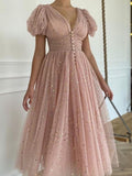 Sexy V Neck Shiny Mesh Puff Sleeve Dress Elegant Summer Waist Slit Slim Party Dress Women Fashion Solid Chic Pleated Long Dress
