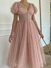 Sexy V Neck Shiny Mesh Puff Sleeve Dress Elegant Summer Waist Slit Slim Party Dress Women Fashion Solid Chic Pleated Long Dress