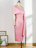 Women Pink Dress One Shoulder with Bowtie Waist Belt Party Christmas Elegant Slim Birthday African Event Celebrate Occasion New Pbong mid size graduation outfit romantic style teen swag clean girl ideas 90s latina aesthetic