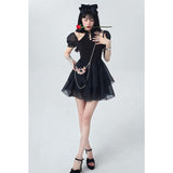 Chinese Dress Women Summer New Sexy Puff Short Sleeves Short Skirt Black Fashion Gothic Streetwear Design Fishbone Skirt Dress