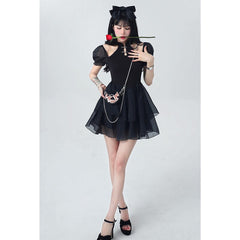 Chinese Dress Women Summer New Sexy Puff Short Sleeves Short Skirt Black Fashion Gothic Streetwear Design Fishbone Skirt Dress