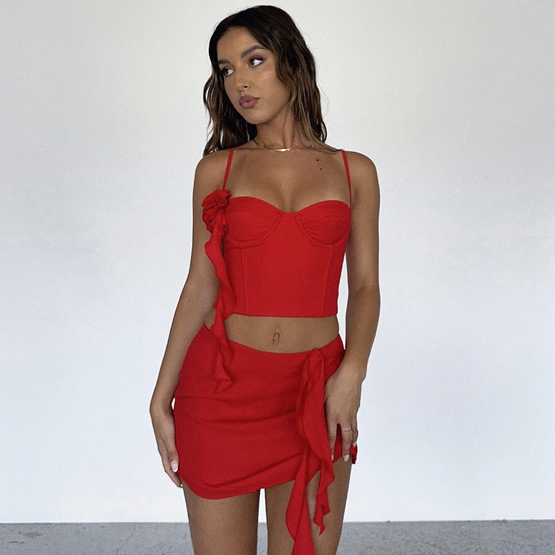 3D Flower Streamer Two Piece Set Women Solid Sexy Cleavage Camisole Strap Tops+Matching Skirts Female Streetwear Suits