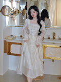 Yellow Sweet Korean Style Fairy Dress French Vintage Elegant Fairy Dress Women Summer Long Sleeve Evening Party Midi Dress