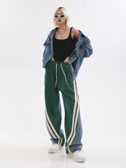 Women Autumn Winter High Waist Contrast Color Drawstring Tie Up Sweatpants High Street Wide Leg Straight Cylinder Lady Trousers