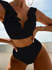 Women New Solid Color Pleated Lace Bikini Two Piece Ruffle Backless Button Up Deep V Swimwear Sexy High Waist Push Up Swimsuit