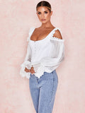 Pbong mid size graduation outfit romantic style teen swag clean girl ideas 90s latina aestheticSexy Women Tops White Spaghetti Strap Off Shoulder Mesh Top Wholesale Ruffle Sleeves Sweet Camis Party Club