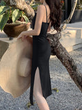 Women's Summer Spaghetti Straps Beach Midi Black Dress Elegant Sleeveless Bodycon Sexy Vestidos Femme Solid Holiday Clothes