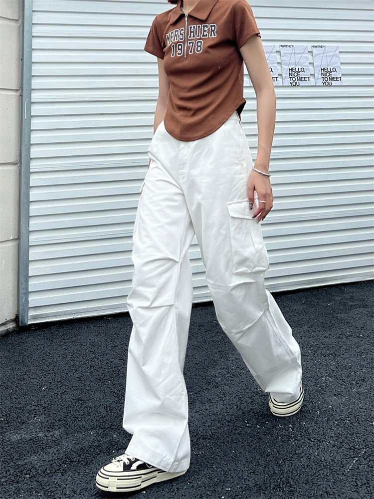 Cyber Y2K White Cargo Pants Women Korean Style Egirl Brown Wide Leg Trousers Oversized Streetwear Hip Hop Pleated Pantalon