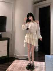 Autumn Fairy Pure Color Short Party Dress Korean Fashion Elegant Mini Dress Woman Design Casual Long Sleeve Dress Female