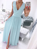 New Sexy V-Neck Women Sleeveless Solid Party Dress Casual Draped Festive Dress Elegant Summer Chiffon Wrap Slit Maxi Dress Mujer