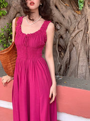 Vintage Strap Dress Women Pure Color Sleeveless Beach Midi Dress Office Lady Causal Elegant One Piece Dress Korean  Summer