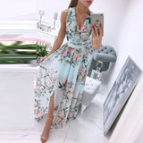 New Sexy V-Neck Women Sleeveless Solid Party Dress Casual Draped Festive Dress Elegant Summer Chiffon Wrap Slit Maxi Dress Mujer
