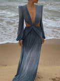 Pbong mid size graduation outfit romantic style teen swag clean girl ideas 90s latina aestheticSexy V-Neck Backless Hollow Out Dress Summer Women Lantern Sleeve Club Party Long Maxi Dresses Tunic Beach Cover Up A916