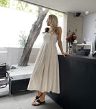 Women Casual Sleeveless Strap Linen Mid-calf Dress Summer striped Female Sundress Vestido