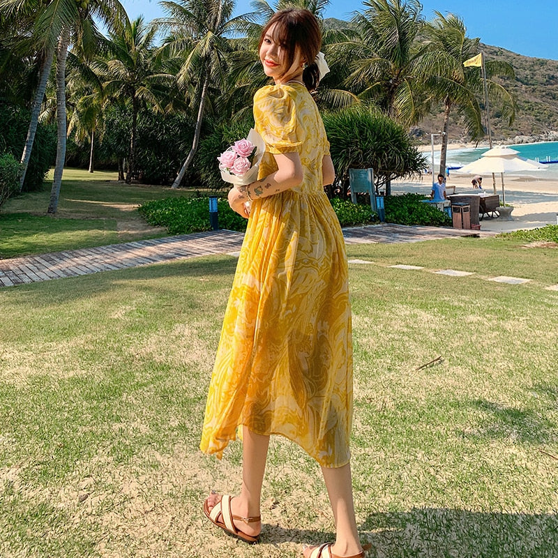 Summer Bohemian Yellow Women's Senior Sense Chiffon V-neck High Waist Thin Temperament Elegant Fashion Seaside Resort Long Dress