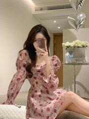 Summer Sweet Elegant Short Party Dress Korean Fashion Floral Mini Dress Beach Long Sleeve Casual Vintage Dress Woman Chic