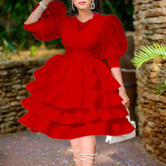Women White Cake Dresses  Bubble Lantern Sleeves Patchwork Party Fashion Lovely Celebrate Occasion Event Lolita Female Robes New Pbong mid size graduation outfit romantic style teen swag clean girl ideas 90s latina aesthetic