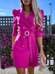 Women Solid Office Commuter Slim Mini Dress Sexy Chic Long Sleeve A-Line Coat Dress Elegant Lapel Double Breasted Lace-Up Dress