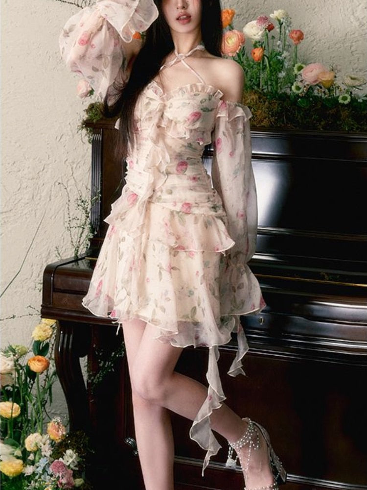 Sweet Elegant Floral Chiffon Dress Beach Style Summer Long Sleeve Y2k Mini Dress Women Casual One Piece Dress Korean Design