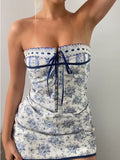 Floral Printed Vacation Women Dress Off-shoulder Blue Metal Button Spring Skinny Elegant Outside Female Mini Dresses