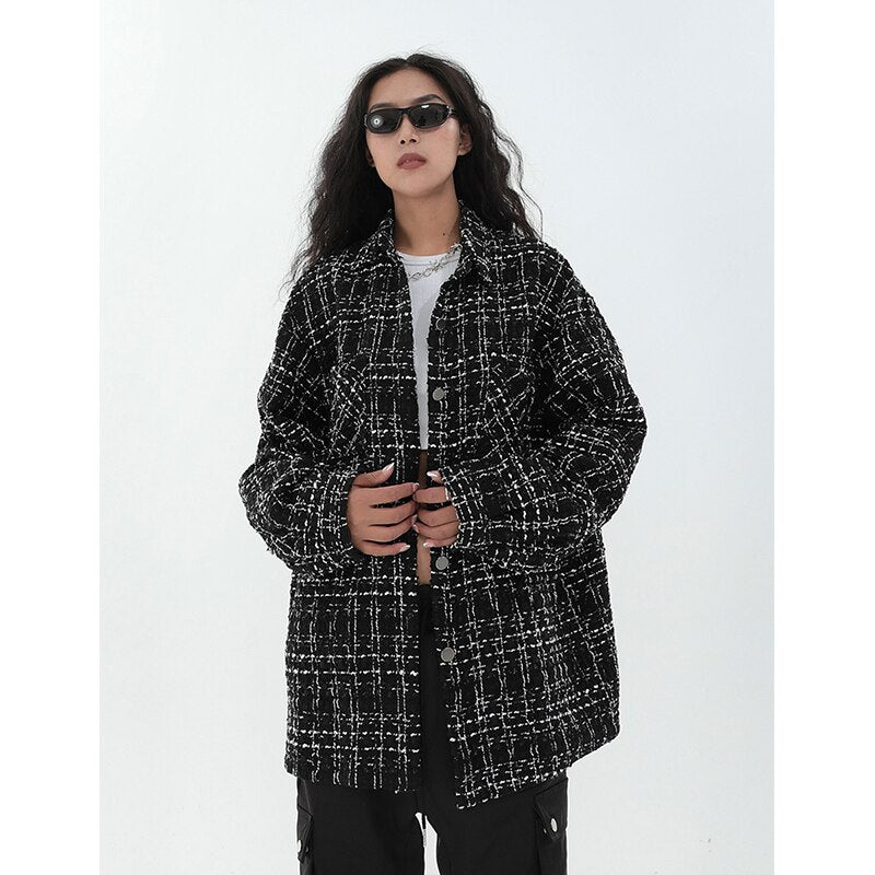 Women's Fashion Polo Collar Weave Jacket Outerwear Vintage Plaid Pocket Long Sleeves Casual Street Baggy Tops Autumn Ladies