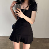 Ruched Black Dress Women Square Collar Short Sleeve Slim Mini Dress Summer Korean Fashion Folds Ruffles Bodycon Sundress