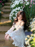 Casual Sexy Lace Mini Dress Women Ruffles Design Vintage Fairy Strap Dress Spring Casual Dress Women Fashion Elegant Kawaii