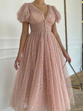 Sexy V Neck Shiny Mesh Puff Sleeve Dress Elegant Summer Waist Slit Slim Party Dress Women Fashion Solid Chic Pleated Long Dress