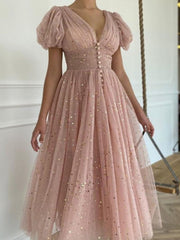 Sexy V Neck Shiny Mesh Puff Sleeve Dress Elegant Summer Waist Slit Slim Party Dress Women Fashion Solid Chic Pleated Long Dress