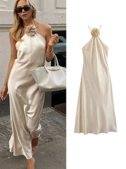 Women Solid Mid-Calf Camisole Dresses Summer Female Halter Backless Party Dress Casual Bandage Dress