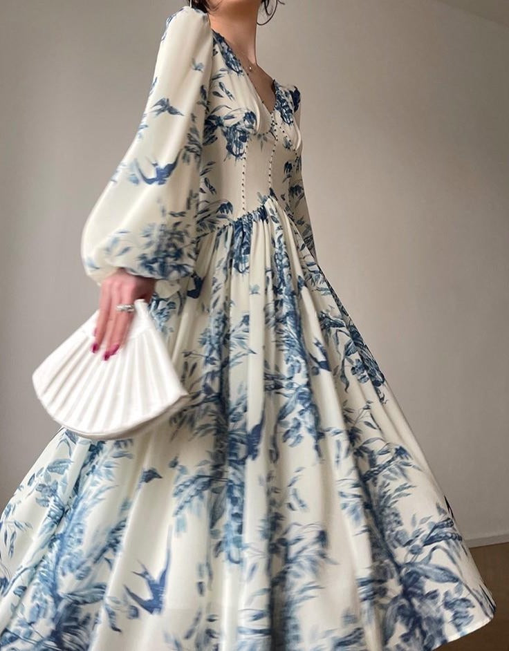 Summer Women New French Vintage Floral Print Party Midi Dresses Elegan