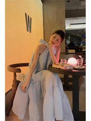 French Elegant Women's Summer Fashion New Sleeveless Strapless Bowknot Blue Long Skirt Kawaii Vest Prom Dress