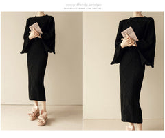 Korean New Fashion Knitted 2 Piece Set Twist Crochet Batwing Sleeve Loose Sweater Crop Top And Split Bodycon Skirt Women's Suits