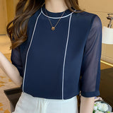 Summer Women Blouse O-Neck Blue Chiffon Blouse Shirt Tops Women Short Sleeve Blouse Women Blusas Mujer De Moda Blouses F97
