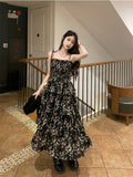 Y2k Korean Style One Piece Black Floral Dress Women Vintage Elegant One Piece High Waist Long Slip Fairy Dresses Summer