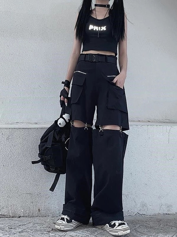 Gothic Black Cargo Pants Women Streetwear Hollow Out Punk Wide Leg Oversize Pockets Trousers For Female Hip Hop