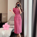 Work Style Ol Temperament Solid Dress Women Turn Down Collar Short Sleeve Summer  Dress