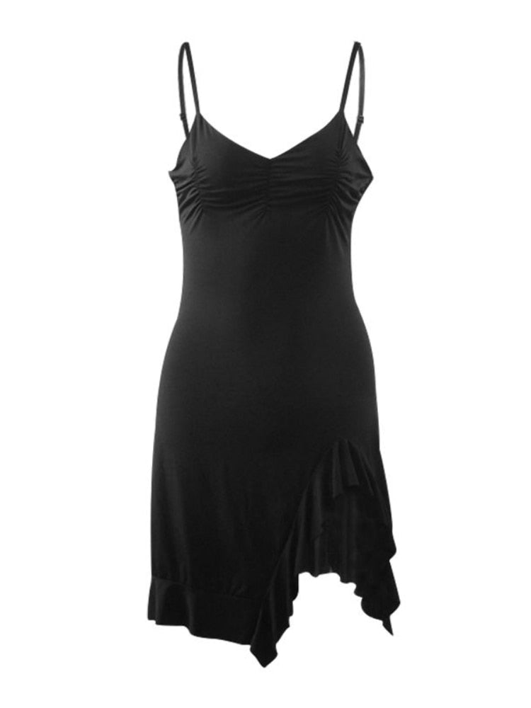 Sexy Black Dress Women Summer Bodycon Spaghetti Strap Mini Dress Sleeveless Irregular Vintage Streetwear Ruffle Sundress