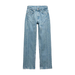 spring new women's fashion retro all-match high waist stitching decoration casual pocket button straight jeans