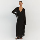 Elegant Black Sheer Beach Dress Women Sexy Flare Sleeve Mesh Tassel Bodycon Summer Dress Night Party Long Dress Cover-Ups