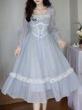Summer French Elegant Lace Midi Dress Woman Long Slevee Korean Fashion Dress Casual Party Pure Color Vintage Dress Female
