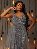 Plus Size Evening Party Dresses Women New Fashion Sexy V-neck Sleeveless Dresses Elegant Slim Sequin Elegant Women's Dresses