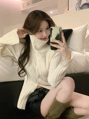 Autumn Elegant Crochet Sweater Women Turtleneck Sweater Female Long Sleeve Pure Color Knitted Tops Korean Style Blouse