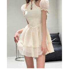 Chinese Dress Women Summer New Sexy Puff Short Sleeves Short Skirt Black Fashion Gothic Streetwear Design Fishbone Skirt Dress