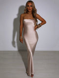 Satin Backless Maxi Dress For Women Gown Fashion Strapless Sleeveless Bodycon Night Club Party Summer Vestido