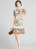 Gorgeous Flower Embroidery Hollow Out Slim Ruffles Dress Women Elegant Butterfly Sleeve O-Neck Party Summer Dress Mesh Vestidos