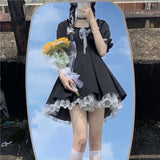 Gothic Lolita Dress Women Goth Harajuku Cute Lace Black Puff Sleeve Short Dresses School Jk Summer Girls